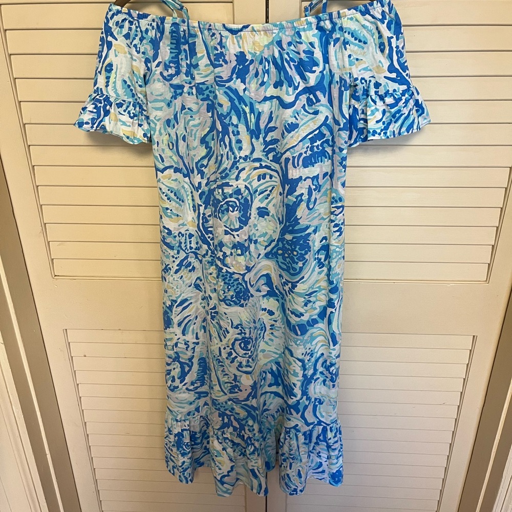 Off-Shoulder Blue and White Dress